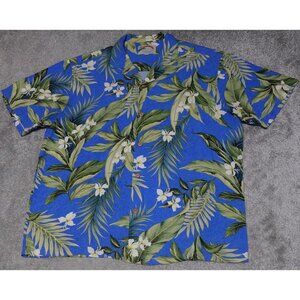 Paradise Found Hawaiian Shirt Men's Large Blue Green Floral Button Short Sleeve